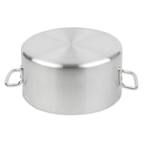A large Arkadia Sauce Pot made of 3000 series aluminum is shown upside down on a white background. The 10 quart pot has two rectangular handles and a slightly matte, brushed metal texture, with no lid visible and an unused appearance.