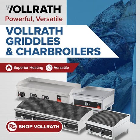 Vollrath commercial griddles and charbroilers banner highlighting versatile, high-performance heating equipment for professional kitchens.
