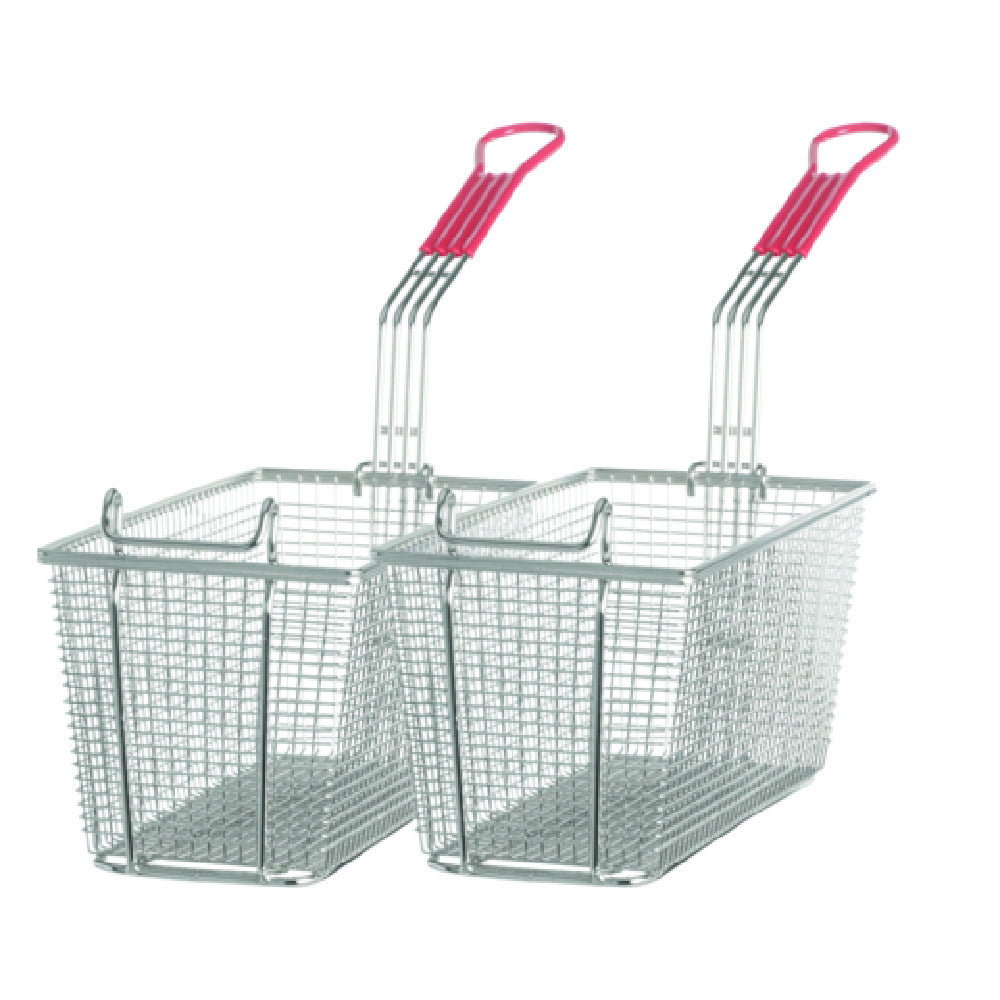 Two rectangular metal wire frying baskets with red plastic-coated handles are shown side by side. Compatible with Vulcan gas fryers, these twin baskets feature a mesh design for draining oil and front hooks for hanging. Handles are elongated and angled upward.