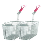 Two rectangular metal wire frying baskets with red plastic-coated handles are shown side by side. Compatible with Vulcan gas fryers, these twin baskets feature a mesh design for draining oil and front hooks for hanging. Handles are elongated and angled upward.