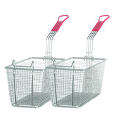 Two rectangular metal wire frying baskets with red plastic-coated handles are shown side by side. Compatible with Vulcan gas fryers, these twin baskets feature a mesh design for draining oil and front hooks for hanging. Handles are elongated and angled upward.