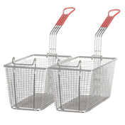 Two rectangular Vulcan twin fryer baskets with mesh sides and bottoms, each featuring a long handle with a red plastic grip. Perfect for use with an 85 lbs electric fryer, the baskets are side by side, angled with handles pointing upward and away.