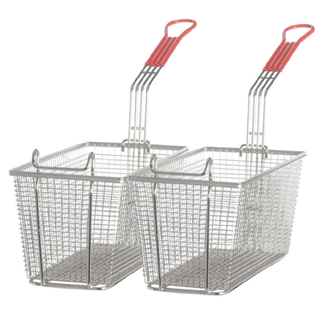 Two rectangular Vulcan twin fryer baskets with mesh sides and bottoms, each featuring a long handle with a red plastic grip. Perfect for use with an 85 lbs electric fryer, the baskets are side by side, angled with handles pointing upward and away.