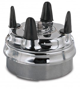 A shiny, round, silver metal device with four upright black rubber-capped prongs evenly spaced on top. Featuring a small metal stem at the center, this Waring AD2 Adapter is likely used in a laboratory or industrial setting.