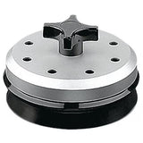 A round metal and plastic handheld tool with a black star-shaped handle on top, a silver middle section featuring evenly spaced holes, and a black base. This device resembles a Waring HGBSS Hot Blending Lid, ideal for shaping ground meat into patties.