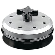A round metal and plastic handheld tool with a black star-shaped handle on top, a silver middle section featuring evenly spaced holes, and a black base. This device resembles a Waring HGBSS Hot Blending Lid, ideal for shaping ground meat into patties.