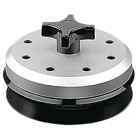 A round metal and plastic handheld tool with a black star-shaped handle on top, a silver middle section featuring evenly spaced holes, and a black base. This device resembles a Waring HGBSS Hot Blending Lid, ideal for shaping ground meat into patties.