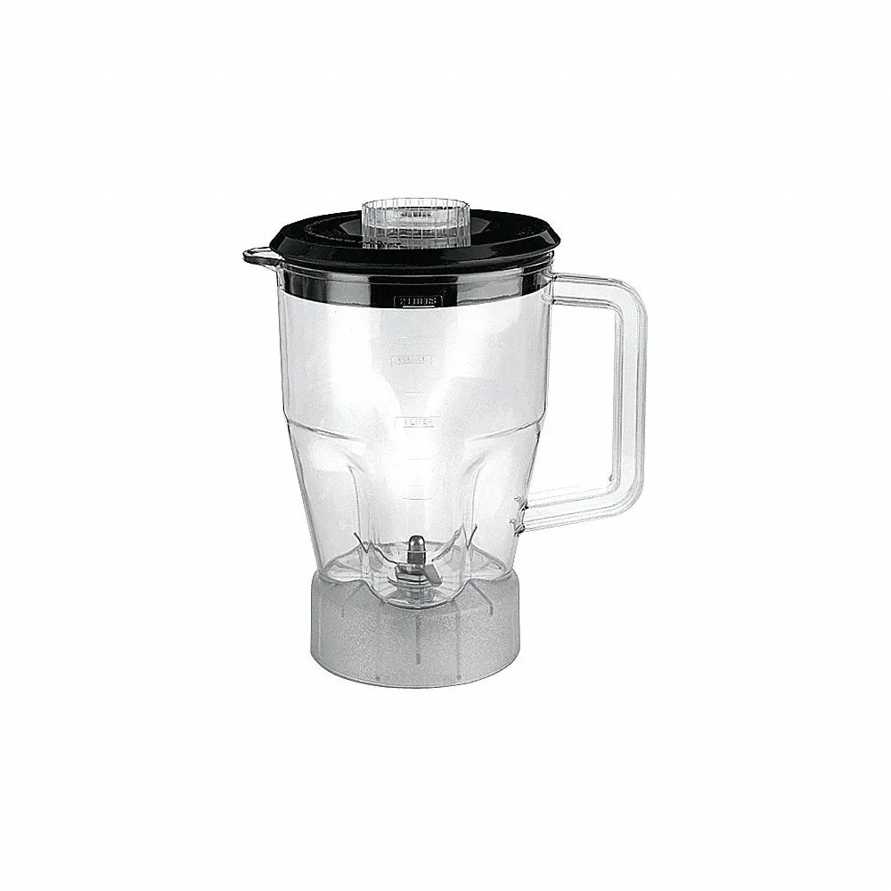 A 64 oz polycarbonate blender container with a handle, black lid, and detachable base. Measurement markings and metal blades are visible inside. The plain white background makes the blender container stand out as the focal point.