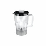 A 64 oz polycarbonate blender container with a handle, black lid, and detachable base. Measurement markings and metal blades are visible inside. The plain white background makes the blender container stand out as the focal point.