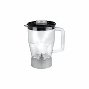 A 64 oz polycarbonate blender container with a handle, black lid, and detachable base. Measurement markings and metal blades are visible inside. The plain white background makes the blender container stand out as the focal point.