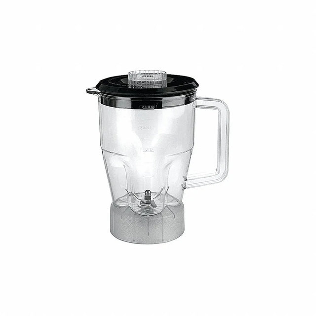A 64 oz polycarbonate blender container with a handle, black lid, and detachable base. Measurement markings and metal blades are visible inside. The plain white background makes the blender container stand out as the focal point.