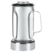 A shiny, 32 oz stainless steel blender container with a handle and transparent lid sits on a metallic base. The reflective, cylindrical jar has smooth sides and a slightly rounded bottom, giving the appliance a modern and sturdy appearance.