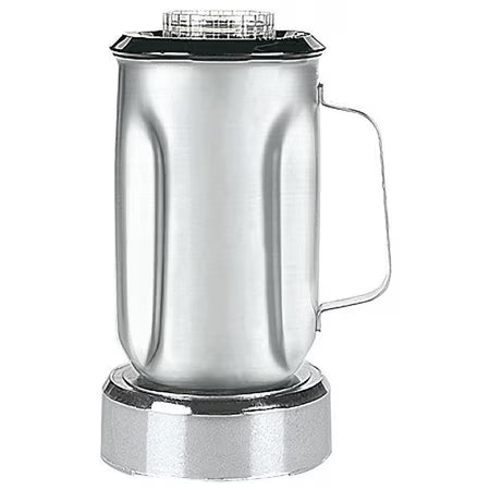 A shiny, 32 oz stainless steel blender container with a handle and transparent lid sits on a metallic base. The reflective, cylindrical jar has smooth sides and a slightly rounded bottom, giving the appliance a modern and sturdy appearance.