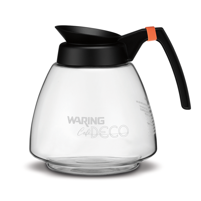 A clear Glass Decanter coffee carafe labeled “Waring Café Deco” features a large ergonomic handle with an orange accent and a black lid. The carafe is empty and set against a plain white background.