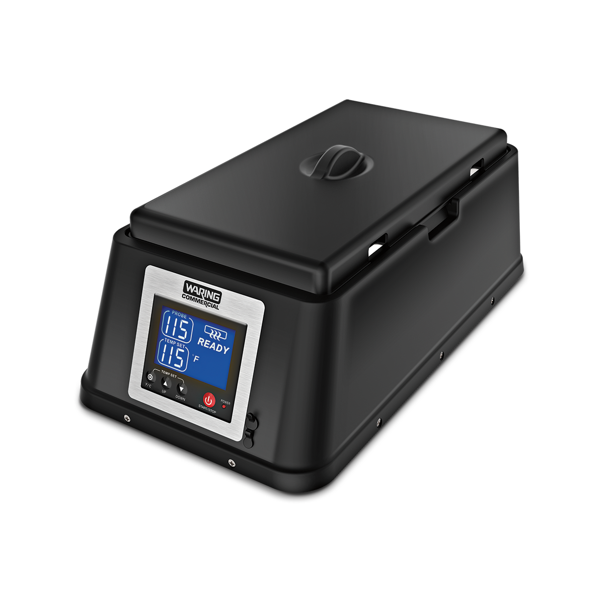 A black rectangular sous vide machine with a digital control panel displaying “115,” “READY,” and other settings in blue LED. This countertop appliance, resembling a chocolate melter, features a closed lid with handle and sits on a white background.