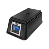 A black rectangular sous vide machine with a digital control panel displaying “115,” “READY,” and other settings in blue LED. This countertop appliance, resembling a chocolate melter, features a closed lid with handle and sits on a white background.