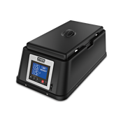 A black rectangular sous vide machine with a digital control panel displaying “115,” “READY,” and other settings in blue LED. This countertop appliance, resembling a chocolate melter, features a closed lid with handle and sits on a white background.