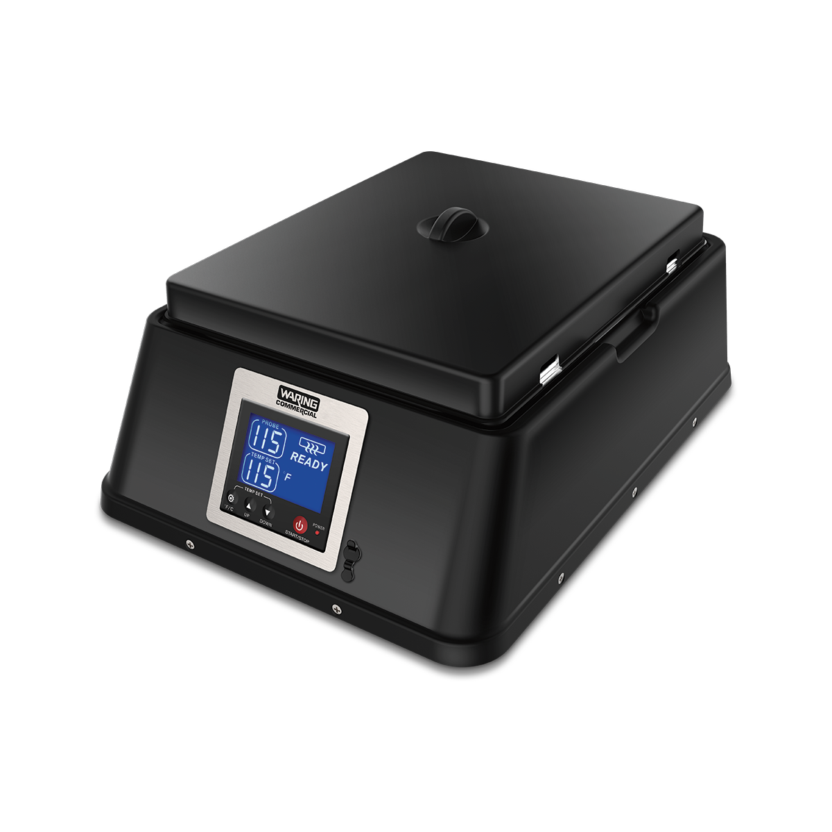 A black, rectangular countertop chocolate melter with a hinged lid and a digital control panel on the front. The panel displays temperature and time settings in blue light, with several buttons below. The appliance sits on a plain white background.