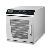 A stainless steel dehydrator with adjustable temperature, a digital LED display control panel, mesh door, and horizontal handle. The front panel shows settings and numbers, while multiple metal trays are visible through the mesh door. The unit sits on small feet.