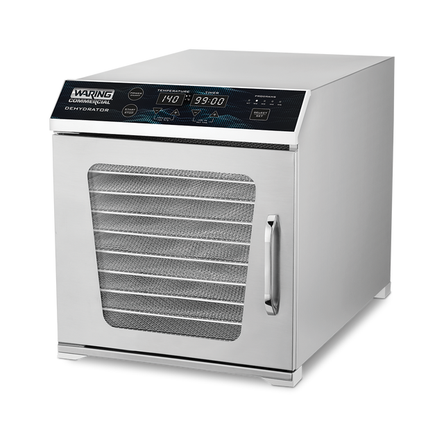 A stainless steel dehydrator with adjustable temperature, a digital LED display control panel, mesh door, and horizontal handle. The front panel shows settings and numbers, while multiple metal trays are visible through the mesh door. The unit sits on small feet.