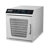 A stainless steel Dehydrator with adjustable temperature and a digital control panel displaying 149°F and a 93:00 timer. Labeled “Waring Commercial,” it features a mesh door with handle and several stackable mesh racks inside.