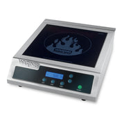 A stainless steel Waring commercial countertop induction range with a digital display showing 500. It features heat, temp, and timer buttons, a power button, and a black single hob cooking surface with a flame graphic and the Waring logo.