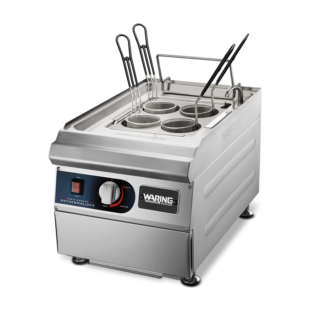 A stainless steel electric Waring rethermalizer pasta cooker with four round mesh baskets, black handles, a temperature control knob, power switch, and indicator light on the front panel, set against a plain white background.