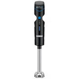 A black cordless immersion blender from Waring, featuring a blue power button, speed selector, and stainless steel shaft. The rechargeable blender head has multiple cutouts for mixing and displays “Waring Bolt” near the top.