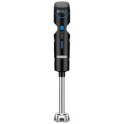 A black cordless immersion blender from Waring, featuring a blue power button, speed selector, and stainless steel shaft. The rechargeable blender head has multiple cutouts for mixing and displays “Waring Bolt” near the top.
