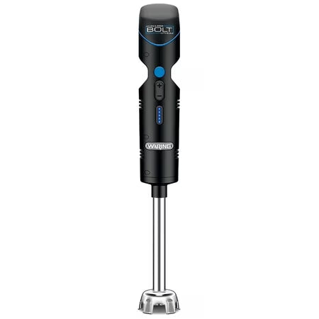 A black cordless immersion blender from Waring, featuring a blue power button, speed selector, and stainless steel shaft. The rechargeable blender head has multiple cutouts for mixing and displays “Waring Bolt” near the top.