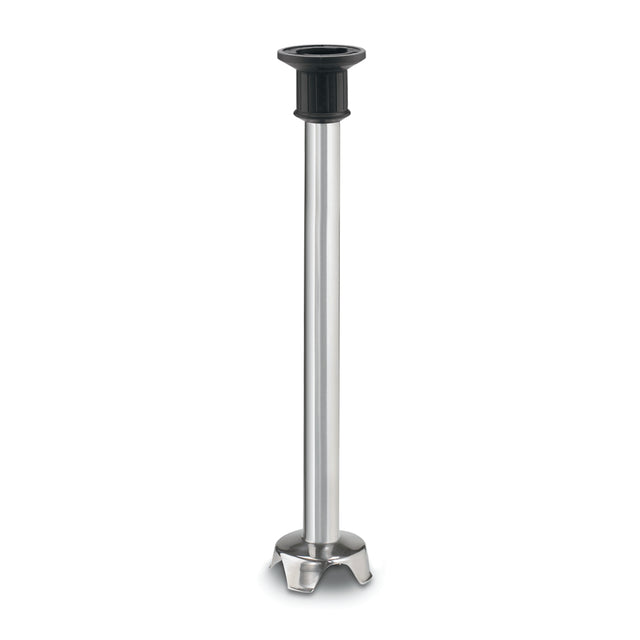 A stainless steel Waring Big Stix immersion blender shaft with a long cylindrical design, a black plastic coupling at the top, and a rounded metal blade guard at the bottom, designed for blending or pureeing foods. The background is plain white.