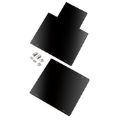 Two flat, black rectangular glass panels—one with an extended tab at the top—are displayed on a white background. Alongside are four small metallic mounting brackets and screws, forming a Waring conversion kit for easy installation.