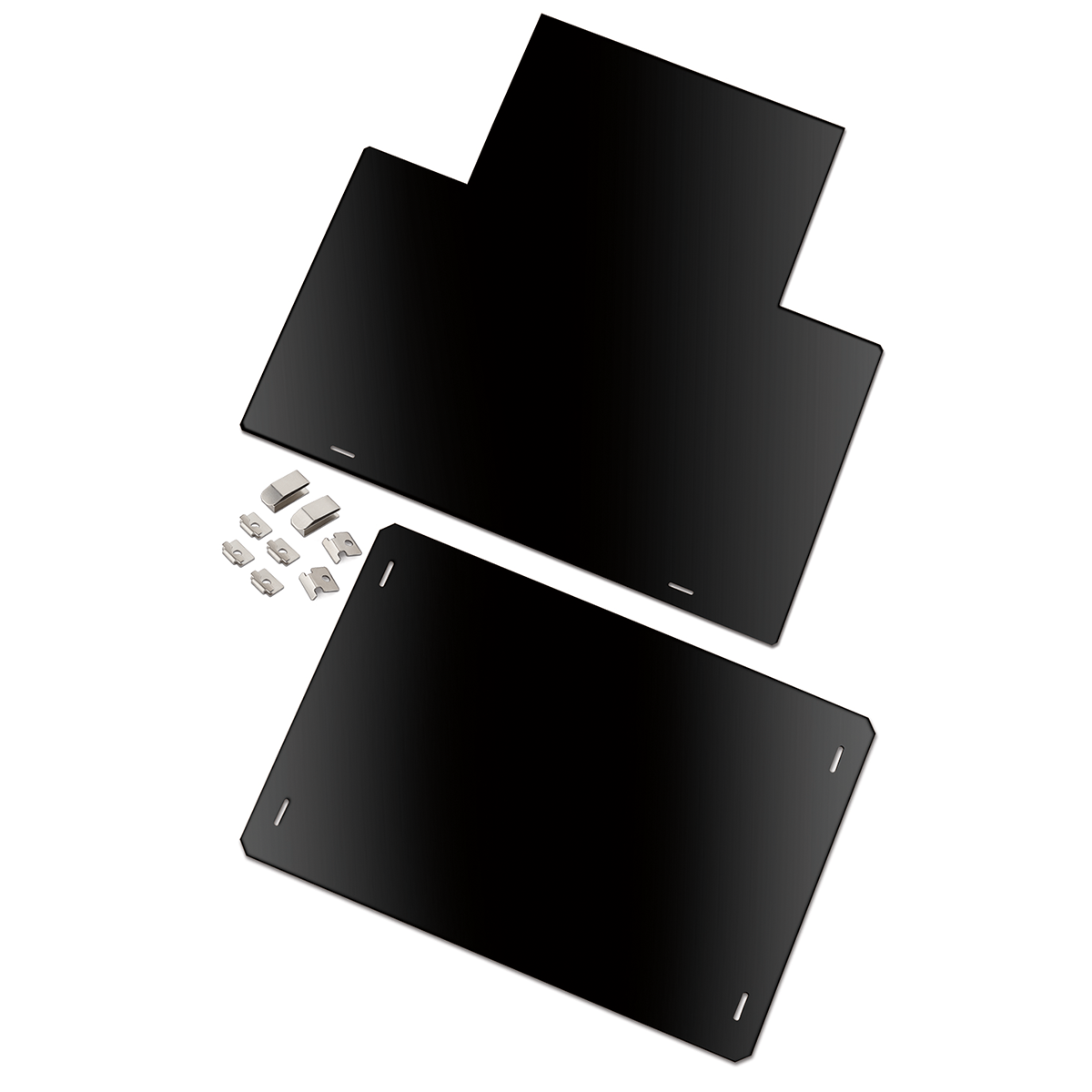 Two flat, rectangular black metal panels, one with an irregular protruding section, are shown on a white background. Seven small metal brackets and four screws are arranged beside the panels, suggesting a Waring conversion kit assembly.