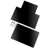 Two flat, rectangular black metal panels, one with an irregular protruding section, are shown on a white background. Seven small metal brackets and four screws are arranged beside the panels, suggesting a Waring conversion kit assembly.