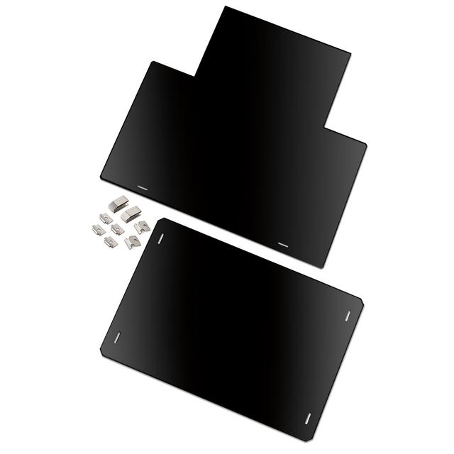 Two flat, rectangular black metal panels, one with an irregular protruding section, are shown on a white background. Seven small metal brackets and four screws are arranged beside the panels, suggesting a Waring conversion kit assembly.