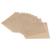 A set of ten light brown, rectangular Fruit Leather Sheets for the 10-Tray Dehydrator is arranged in a fanned-out stack. The mats have a smooth, semi-transparent texture with subtle grid lines and squared corners on a white background.
