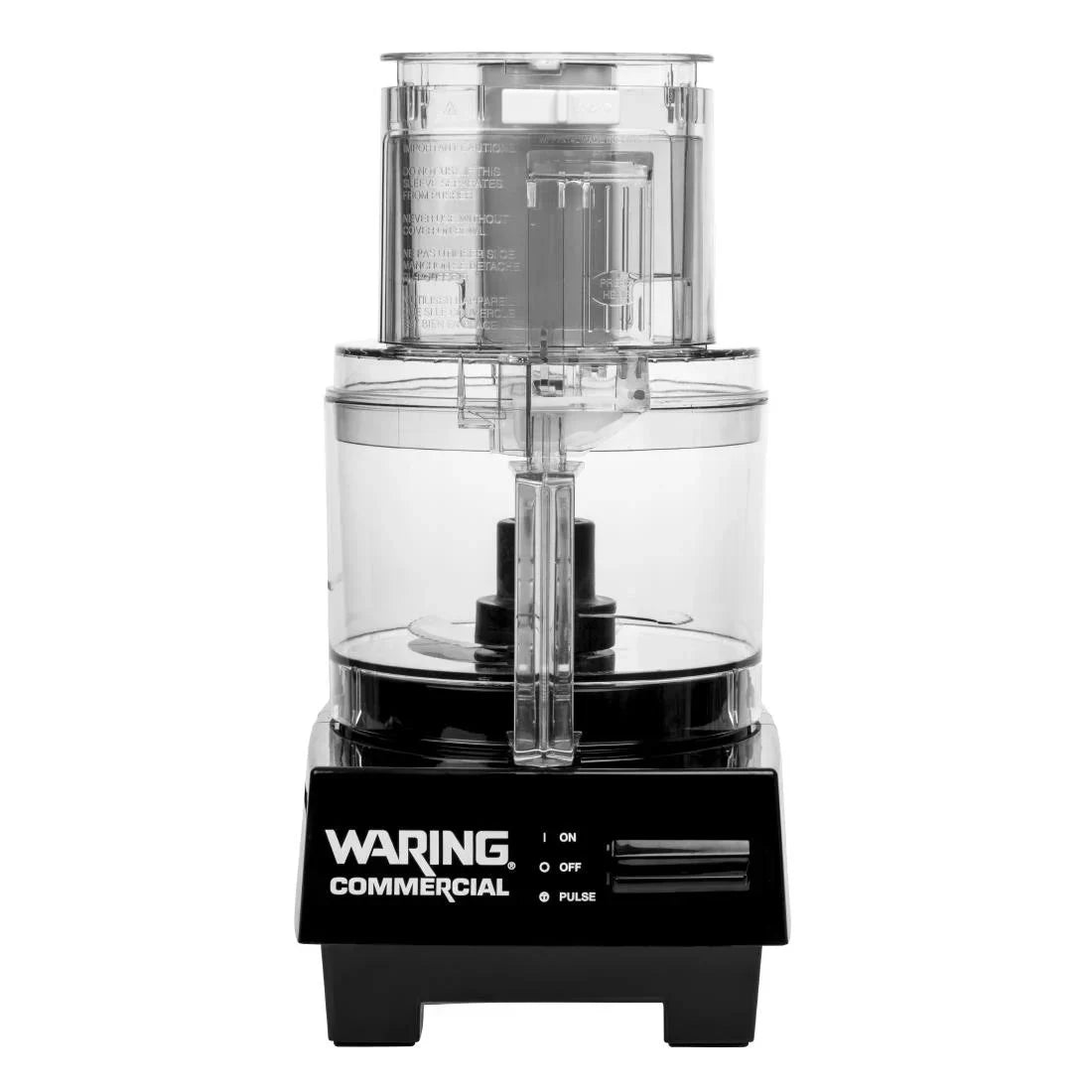 A black and transparent Waring Food Processor is shown upright, featuring a 1.7 liter workbowl, clear plastic lid with feed tube, visible blade inside, and a black base with “Waring Commercial” text and three-position control switch.