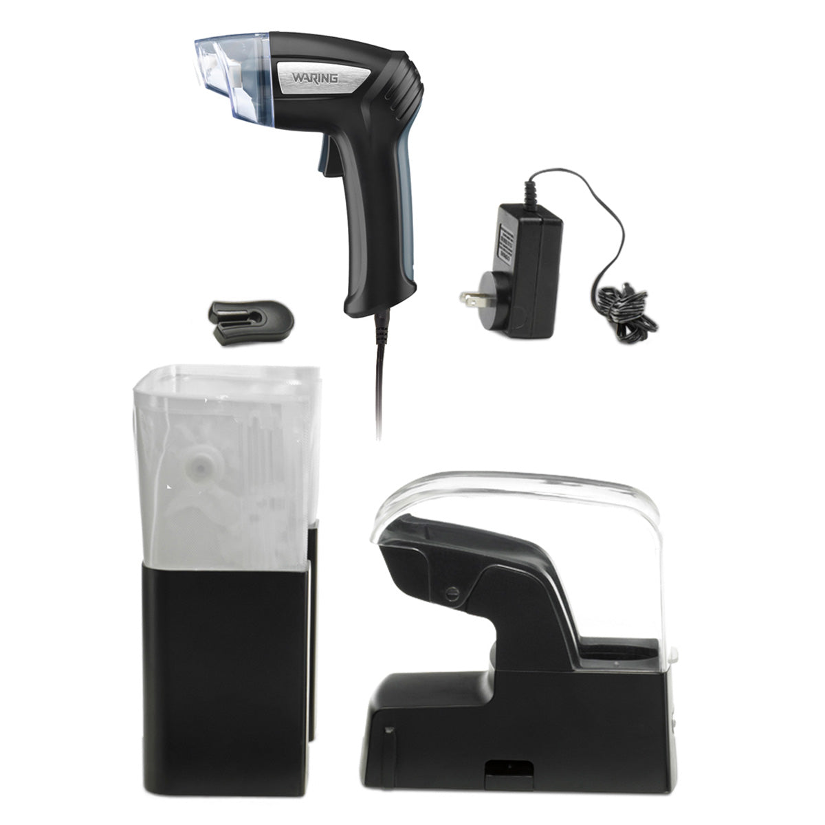 A handheld vacuum sealer labeled “Waring” sits beside its charging base, a plastic nozzle attachment, and a power adapter. With transparent and black sections, this rechargeable vacuum sealer set is displayed on a white background.