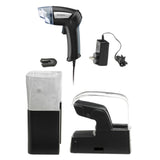 A handheld vacuum sealer labeled “Waring” sits beside its charging base, a plastic nozzle attachment, and a power adapter. With transparent and black sections, this rechargeable vacuum sealer set is displayed on a white background.