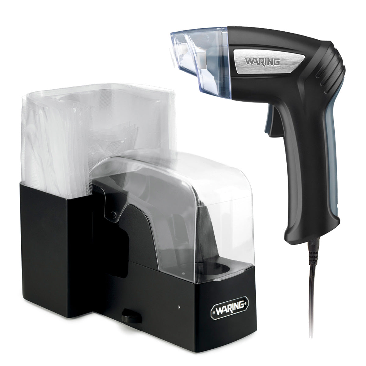 A Waring commercial handheld vacuum sealer with a black and silver trigger-style handle, attached to a power cord, sits beside a black dispenser holding clear vacuum sealer bags—both part of a sleek, modern Vacuum Sealing System.