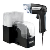 A Waring commercial handheld vacuum sealer with a black and silver trigger-style handle, attached to a power cord, sits beside a black dispenser holding clear vacuum sealer bags—both part of a sleek, modern Vacuum Sealing System.