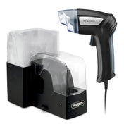 A Waring commercial handheld vacuum sealer with a black and silver trigger-style handle, attached to a power cord, sits beside a black dispenser holding clear vacuum sealer bags—both part of a sleek, modern Vacuum Sealing System.