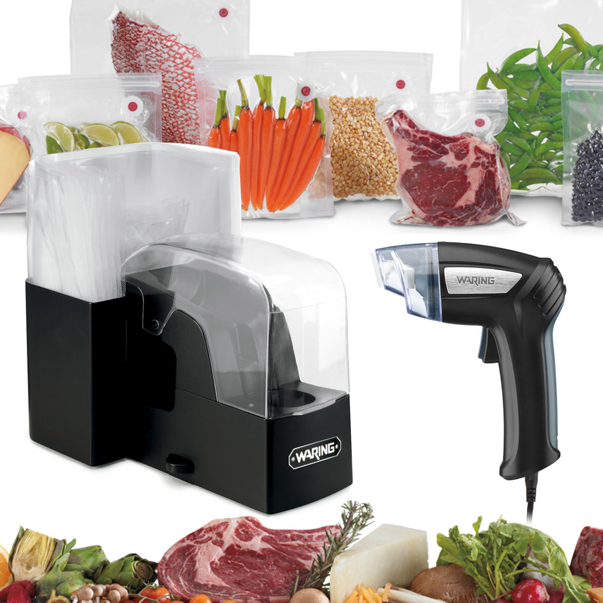 A black and clear Waring brand Vacuum Sealing System with bags sits beside a handheld vacuum sealer. In the background are vacuum-sealed bags of sliced vegetables, raw meats, and beans. In front, fresh fish, steak, and farm produce are on display.