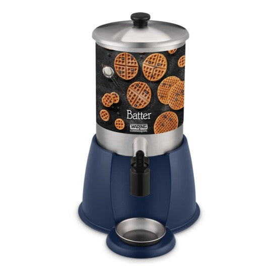 A 2 Gallon stainless steel batter dispenser with a Batter label and images of waffles on the front. It features a spout for easy dispensing, a metal drip tray at the base, and a silver lid with a black knob.