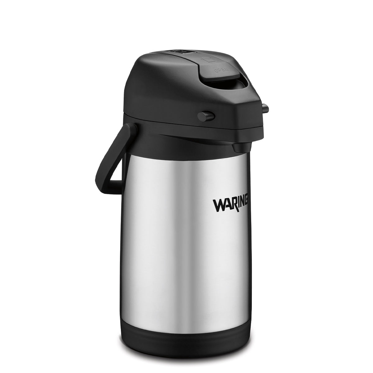 A vacuum insulated airpot with a black plastic lid and handle. The lid features a push lever and spout for dispensing beverages. The brand name “Waring” is printed in black on the front. The stainless steel airpot stands upright on a white background.