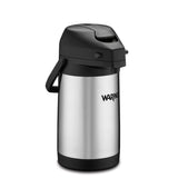 A vacuum insulated airpot with a black plastic lid and handle. The lid features a push lever and spout for dispensing beverages. The brand name “Waring” is printed in black on the front. The stainless steel airpot stands upright on a white background.