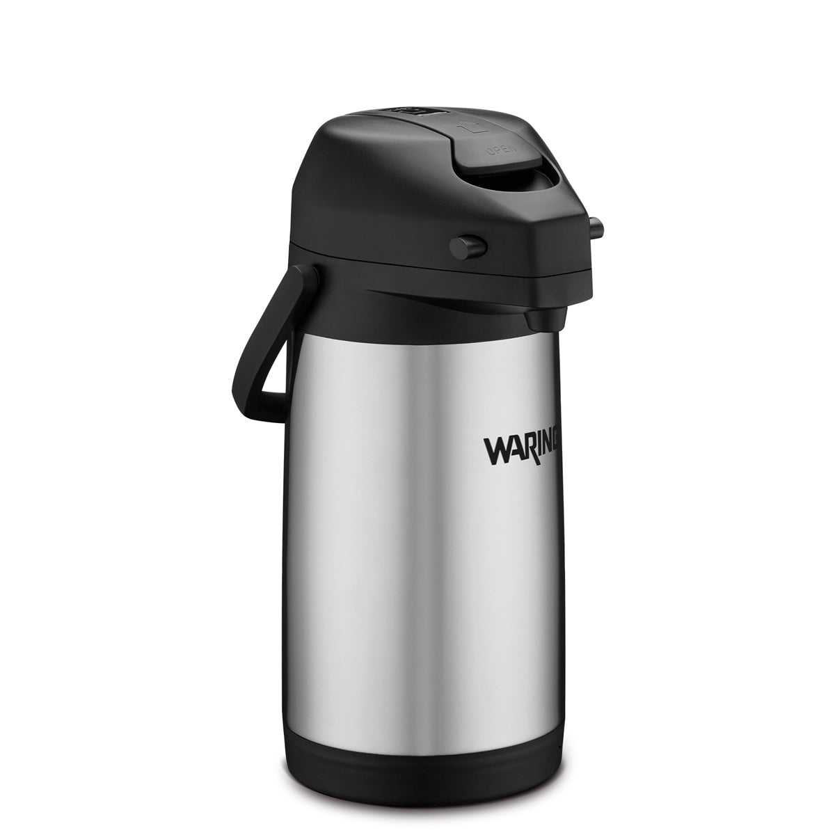 A stainless steel Café Deco Airpot with a black plastic lid, handle, and base. This vacuum insulated airpot features a push-button mechanism, and the brand name Waring is printed on the side. The plain white background highlights the airpot.