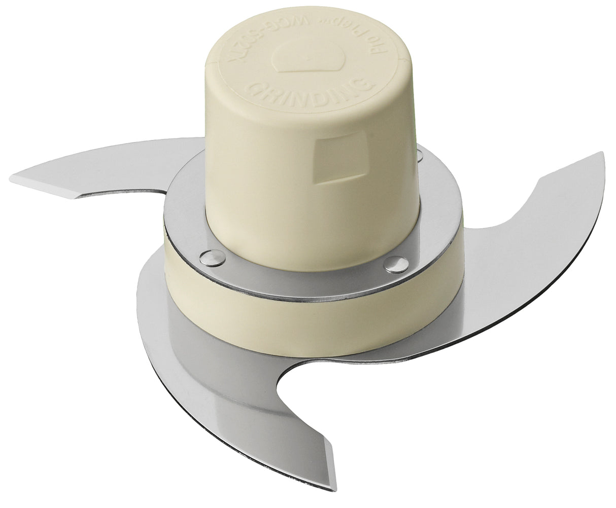 A close-up of a double-bladed stainless steel chopper grinder blade with a beige plastic central hub. The two curved, shiny blades are attached to opposite sides of the hub, which has the word “GRINDING” embossed on top.
