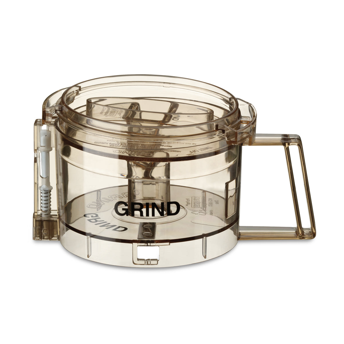 A transparent brown plastic coffee measuring tool labeled GRIND in black letters. It features a cylindrical shape, a hinged lid with a handle on the right side, and internal compartments—ideal for use with the Waring WCG506TX Grinding Bowl.