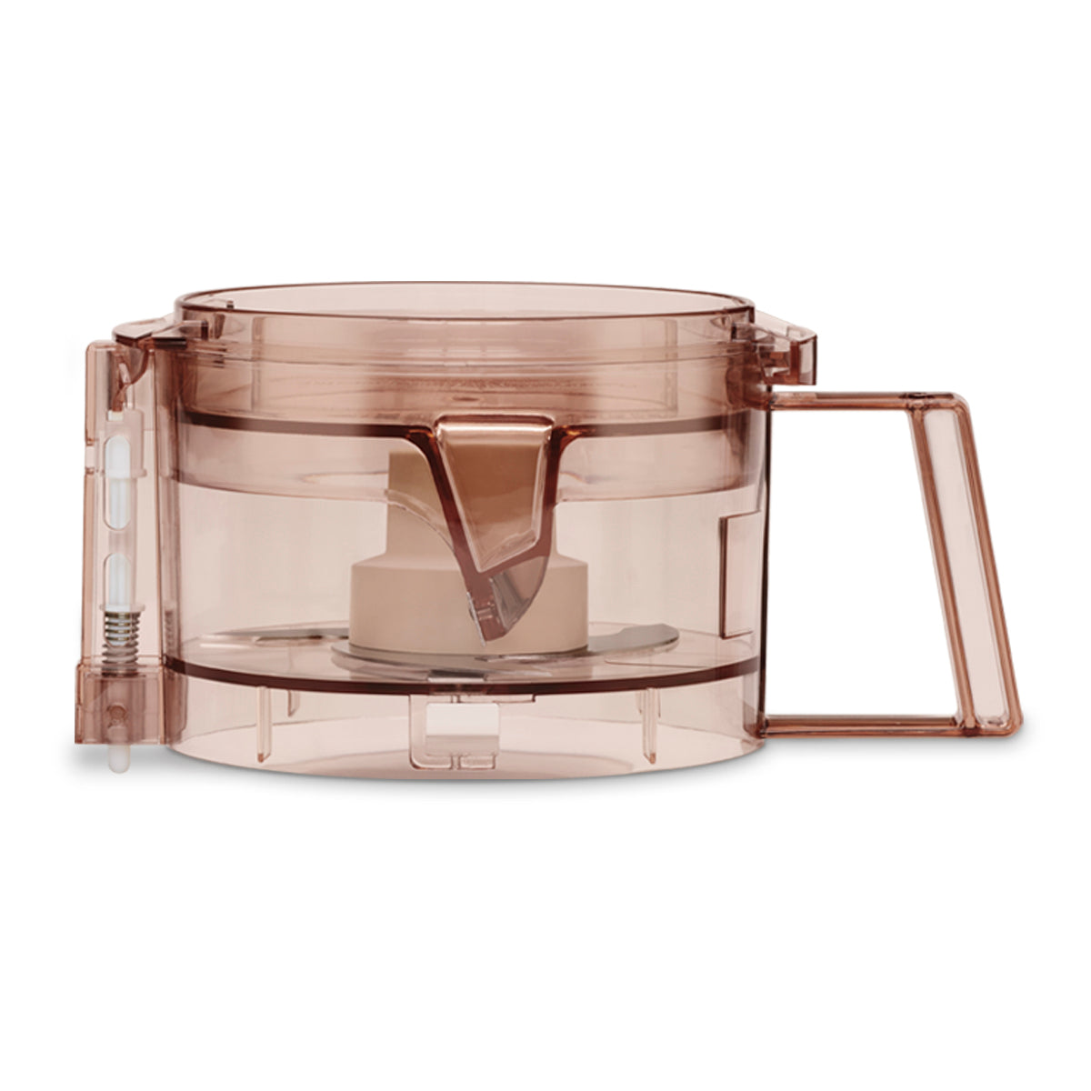 A transparent, cylindrical brown plastic chopper grinder container with a 3 cup capacity features a handle on the right, a hinged lid, a spout in front, and a visible central spindle inside. The container sits on a flat surface with the lid closed.